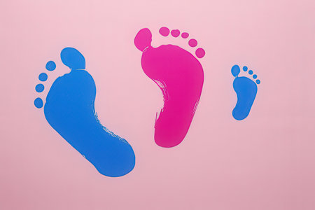 Pair of blue and pink baby footprints on a pink background.の写真素材