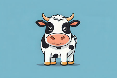 Cute cartoon cow on a blue background. Vector illustration of a cow.の写真素材