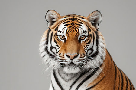 Close-up portrait of a tiger isolated on gray background. Studio shot.