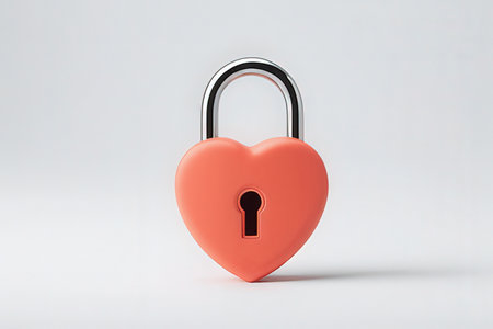 Red padlock in the shape of a heart on a white backgroundの写真素材