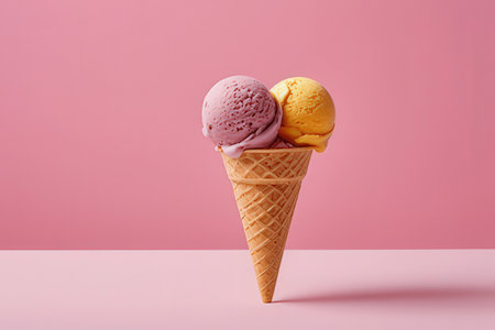 Ice cream scoops in waffle cone on pastel pink background