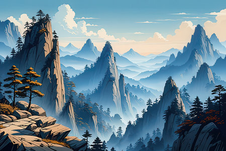 Mountains with coniferous trees and blue sky. Vector illustration.の写真素材