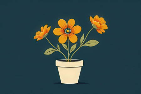 Flower pot with orange flowers on dark background. Vector illustration.の写真素材