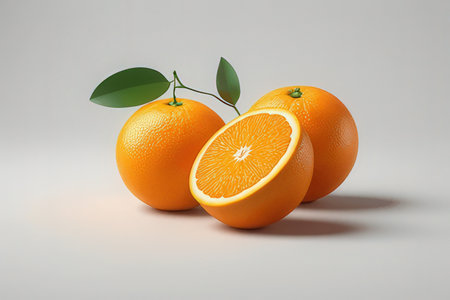Orange fruit with leaves isolated on white background. 3d illustration.の写真素材