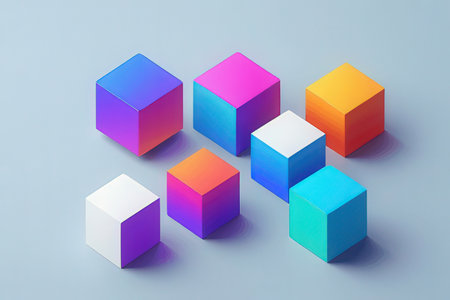 3d render of colorful cubes on blue background. Minimal concept.