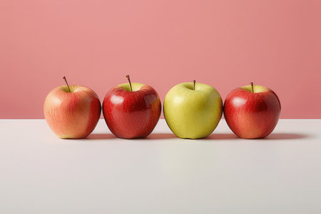 Red and green apples on a white table, isolated on pink backgroundの写真素材