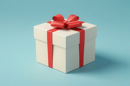 White gift box with red bow on blue background. 3d renderの写真素材