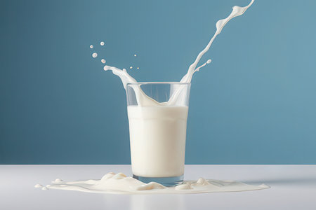 Milk splash out of glass on blue background. Copy space.の写真素材