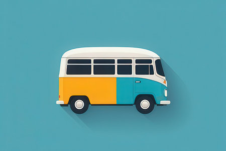 Retro bus with long shadow on blue background. Vector illustration.