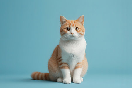 Cute red cat sitting on light blue background. Studio shot.の写真素材