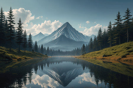 Mountain landscape with lake and reflection in the water. 3d renderの写真素材
