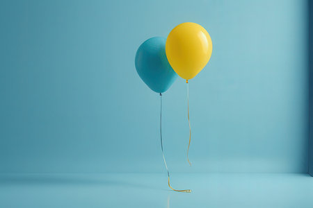 Two blue and yellow balloons on blue background. Minimal concept.の写真素材