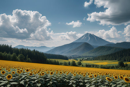 Sunflower field and Mt.Fuji in Fujiyoshida, Japanの写真素材