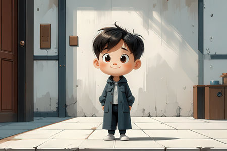 A 3D rendering of a young boy in front of a doorの写真素材