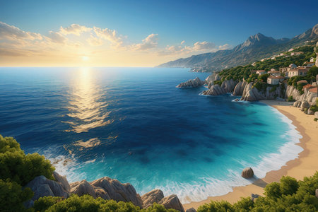 Beautiful seascape. Panoramic view of the beach and the villageの写真素材