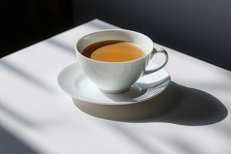 Cup of tea on a white table with shadow from the windowの写真素材