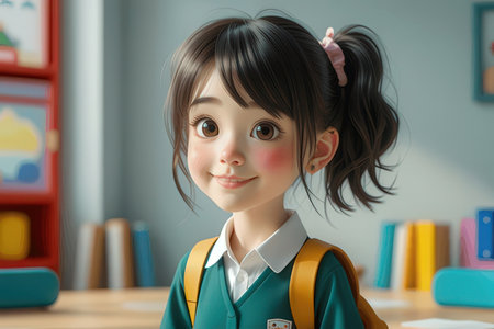 cute little asian girl wearing school uniform and smiling in classroomの写真素材