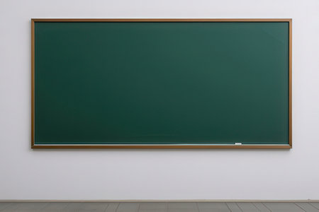 Empty green chalkboard with wooden frame on white wall, education conceptの写真素材