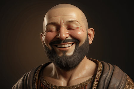 Portrait of a smiling medieval knight. Isolated on a dark background.の写真素材