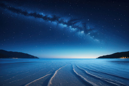 Milky way over the sea at night with starry sky.の写真素材