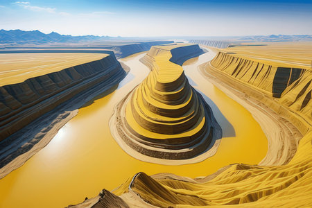 3D illustration of desert landscape with river and sand dunes.の写真素材