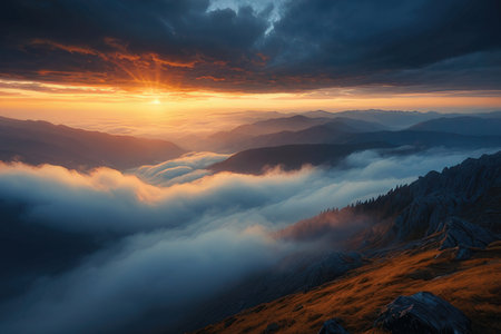 Foggy sunrise in the Carpathian mountains. Ukraine, Europe.