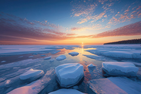 Beautiful winter landscape with frozen lake and blue sky at sunset.の写真素材