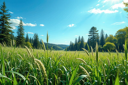 Meadow with green grass and coniferous forest in the backgroundの写真素材