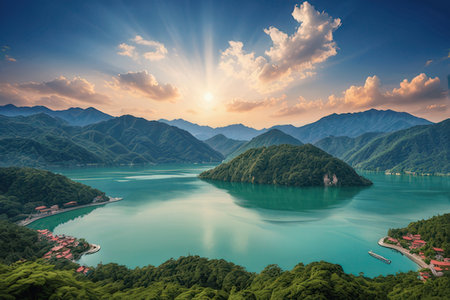 beautiful landscape with lake and mountains at sunset in Chinaの写真素材