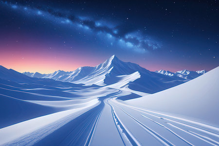 Winter landscape with snow-covered mountains and blue sky with stars.の写真素材