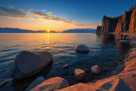 Beautiful sunset over lake Baikal, Siberia, Russia.の写真素材