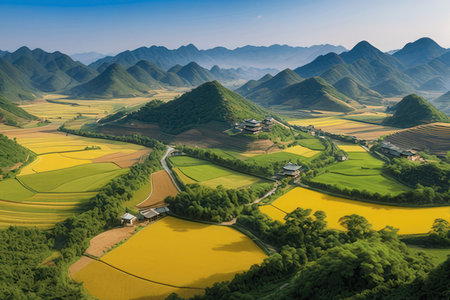 Aerial view of paddy fields and mountains in northern China.