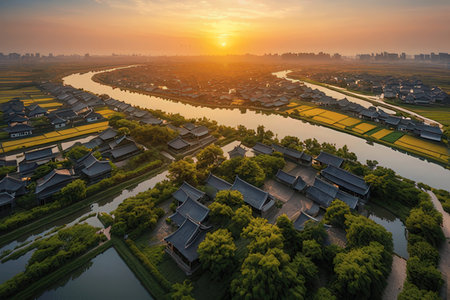 Aerial view of Suzhou Suzhou ancient town scenery at sunsetの写真素材