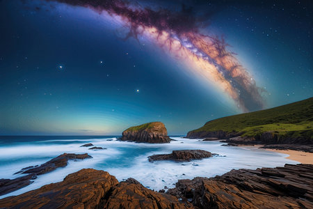 Beautiful night landscape with milky way and starry sky over the sea