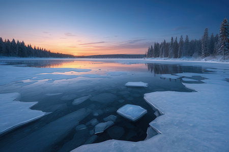 Frozen lake at sunset. Beautiful winter landscape in the forest.