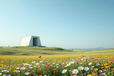 Meadow of flowers and a modern building in the background.