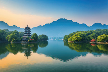 Landscape view of Yangshuo Lake and pagoda in Chinaの写真素材