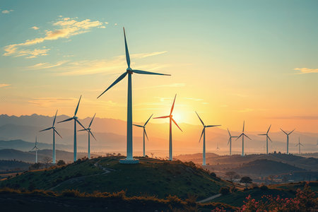 Wind turbines at sunset, windmills for electric power production.の写真素材