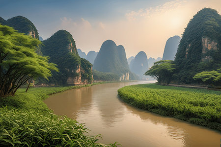 karst mountains and river landscape in guilin,China.の写真素材
