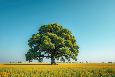 Lonely tree in a rice field with blue sky background.の写真素材