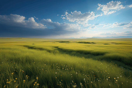 Beautiful spring landscape with green grass and blue sky with clouds.
