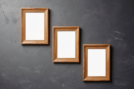 Wooden photo frames hanging on gray wall. Mockup for designの写真素材