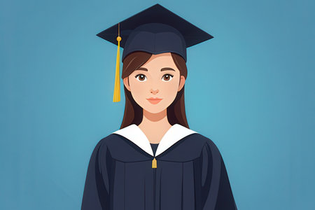 Illustration of a female graduate in cap and gown on blue backgroundの写真素材