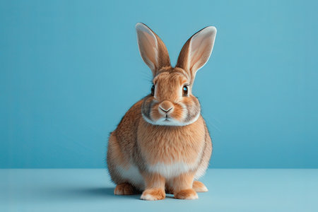 Cute red rabbit on blue background. Easter holiday concept. Copy space.の写真素材