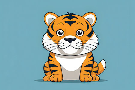 Cute cartoon tiger on a blue background. Vector illustration in a flat style.の写真素材