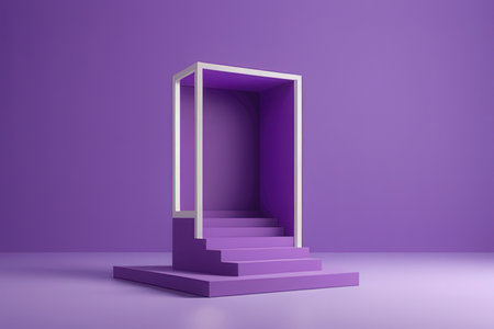 3d rendering of purple podium with opened door in the violet roomの写真素材