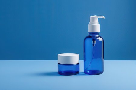 cosmetic bottle with dispenser on blue background, 3d renderの写真素材