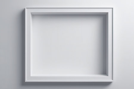 Blank white picture frame on white wall. 3d render illustration