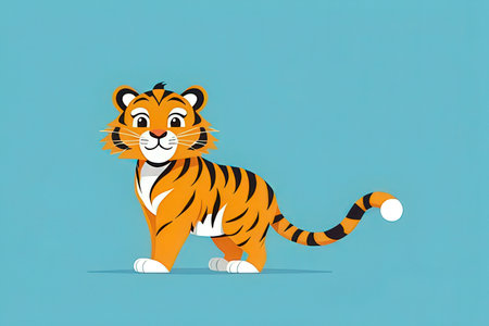 Cute cartoon tiger isolated on a blue background. Vector illustration.の写真素材
