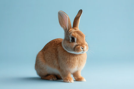 Cute funny rabbit on color background. Easter bunny on blue background